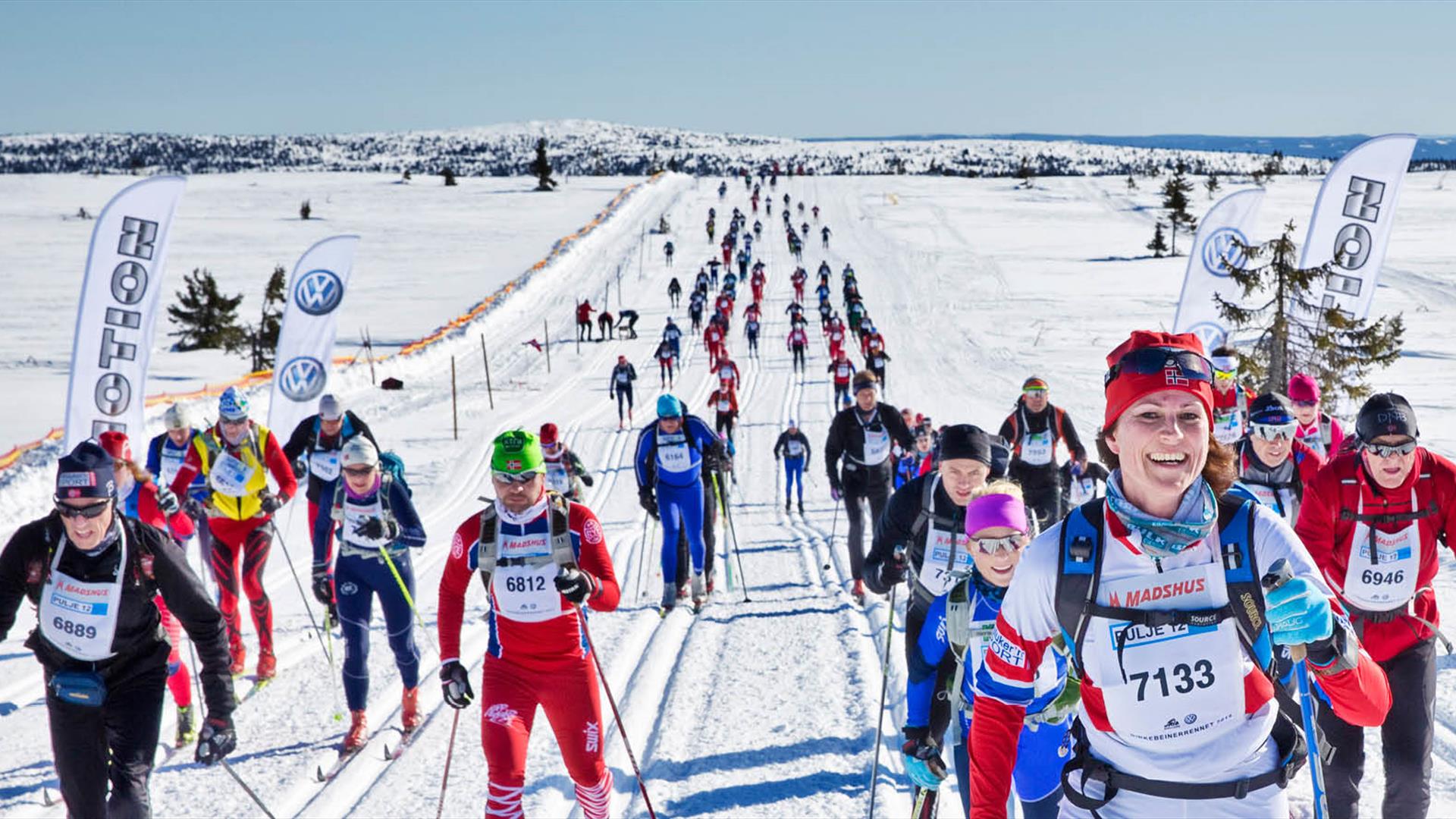 Skiers taking part in the cross country race Birkebienerrennet in Lillehammer, Norway